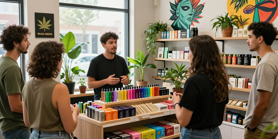 Engaging Muha Meds retail experience with customers exploring cannabis products in a vibrant shop.