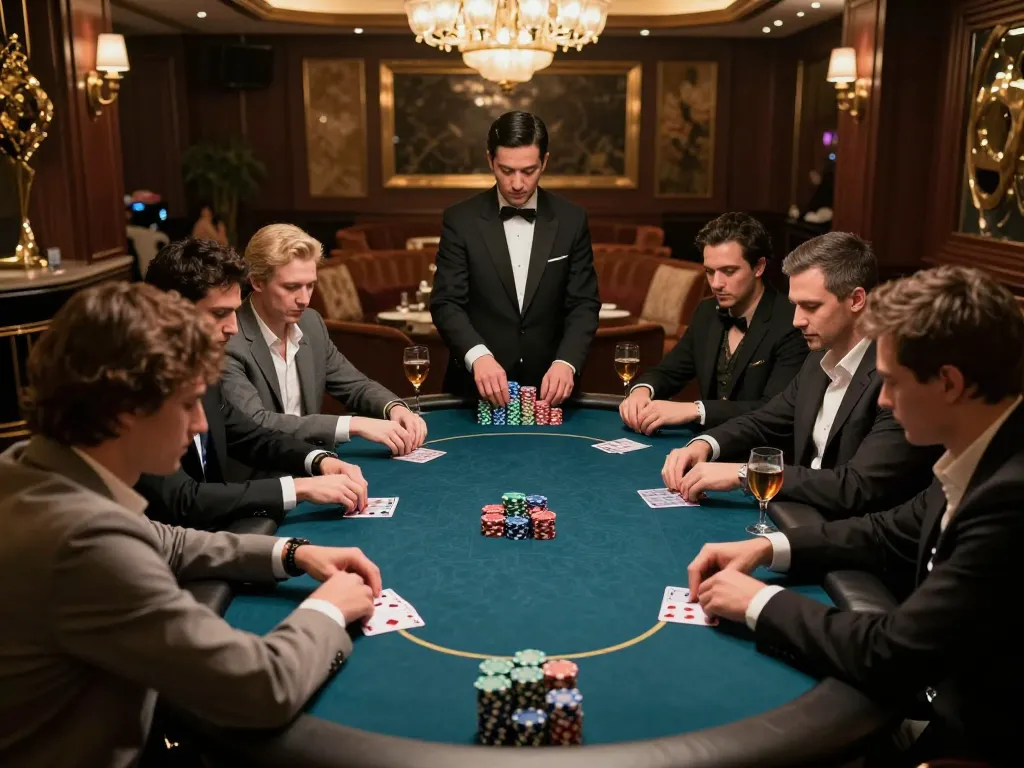 Engaged players in an upscale GG88 VIP poker game, showcasing high-stakes action and strategic decision-making.