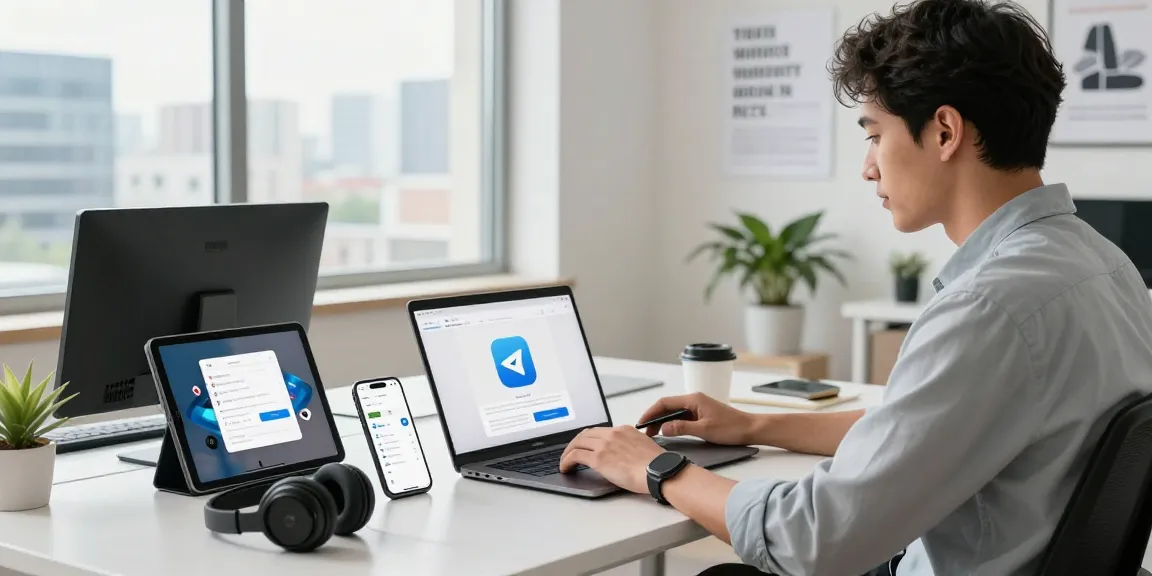 Downloading telegram中文版下载 on a laptop in a modern office setting with tech gadgets and city skyline view.