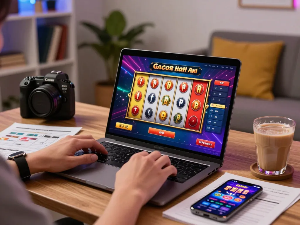Engaging online gaming atmosphere showing slot gacor hari ini on laptop with cozy decor and strategy materials.