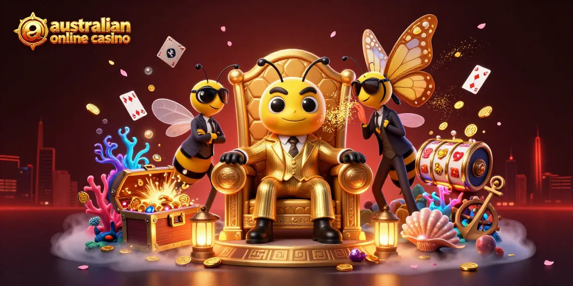 Experience the vibrant atmosphere of an australian online casino with a buzzing 3D cartoon scene.