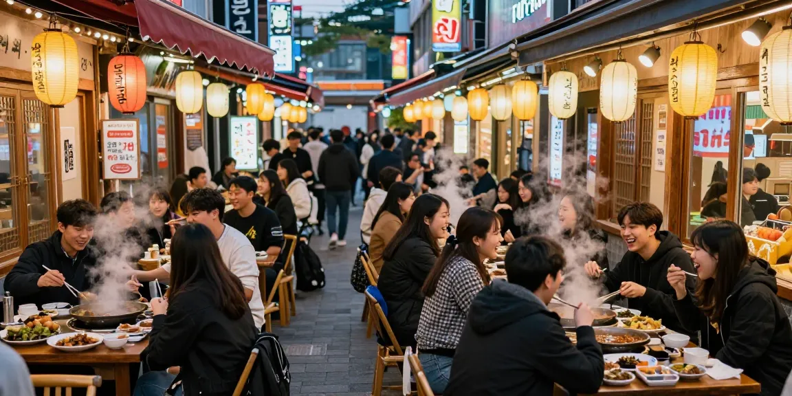 A lively Sangbong-dong 한국관나이트 scene with friends dining outdoors, neon lights, and traditional decor.
