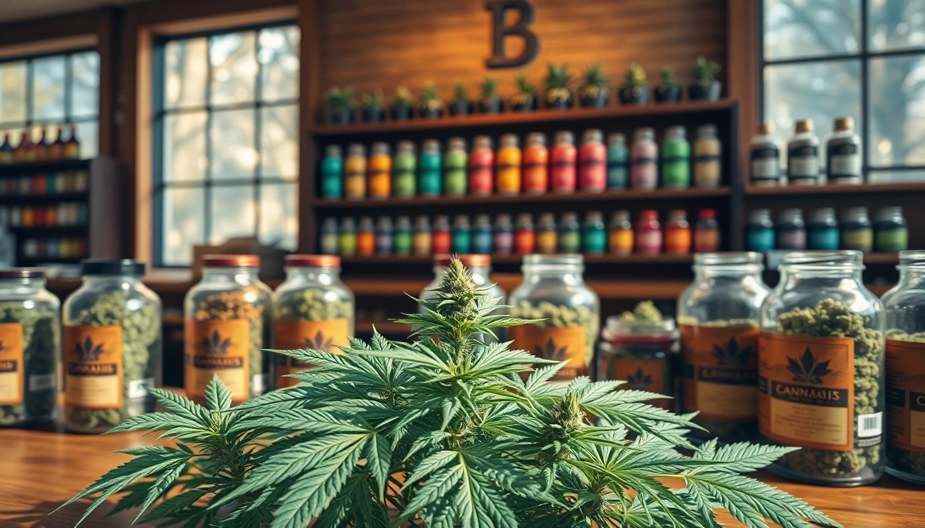 Shop display featuring cannabis for sale near me in elegant jars amid lush greenery.