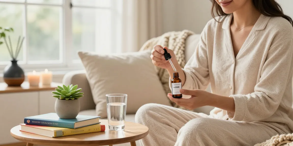 Woman measuring cbd oil in canada at home, promoting relaxation and wellness.