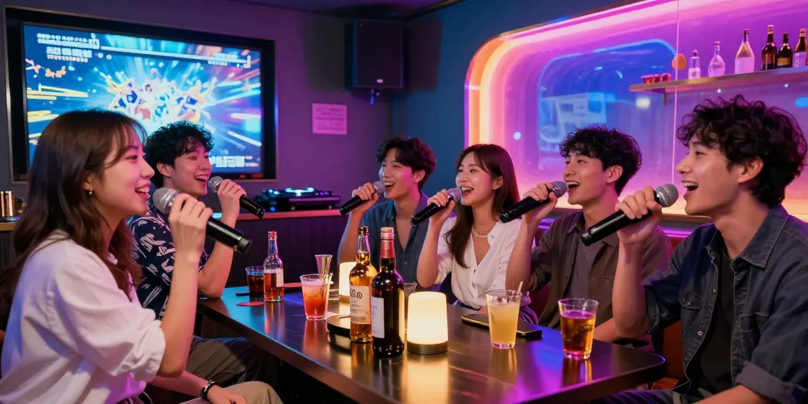 Jeju Island nightlife scene showcasing 제주도유흥 culture with friends enjoying karaoke and drinks.