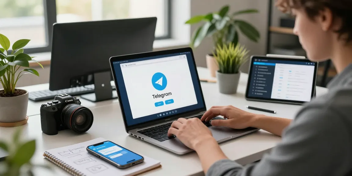 Dynamic workspace scene showcasing telegram中文版下载 on laptop with smartphone notifications and productivity tools.