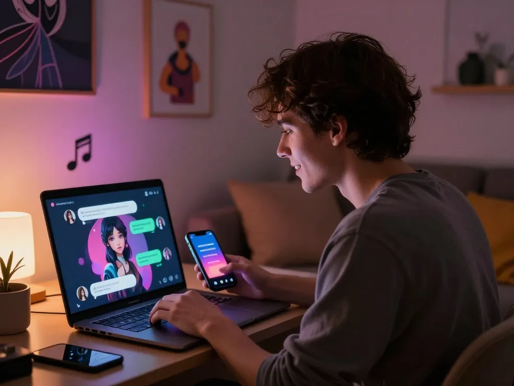 Engaging NSFW character AI chat scene with cozy ambiance and modern tech elements.