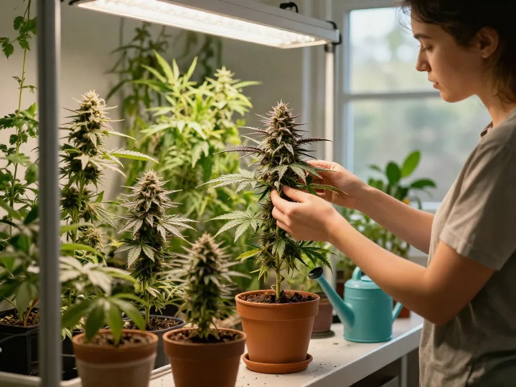 Gardener examining autoflower cannabis seeds indoors under grow lights.