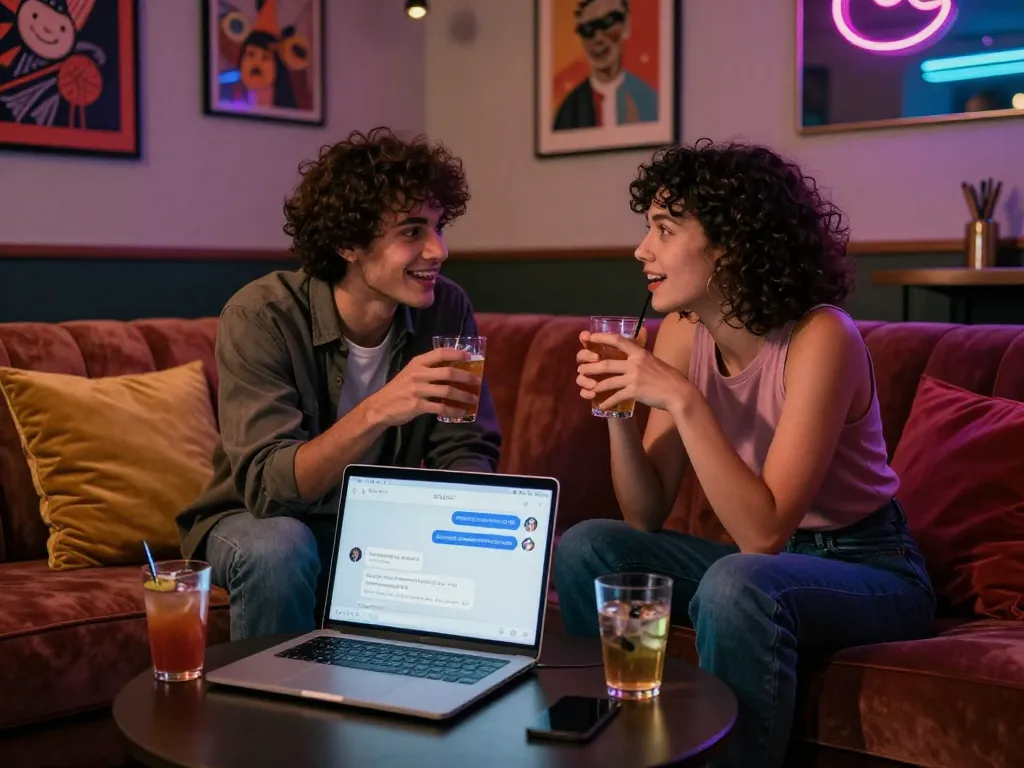 Cozy lounge scene showcasing NSFW AI chat interaction between a couple, fostering intimacy and engagement.