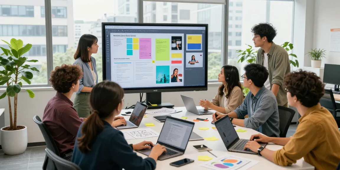 Collaboration session using mixboard ai with diverse team brainstorming ideas on a digital touchscreen in a vibrant office