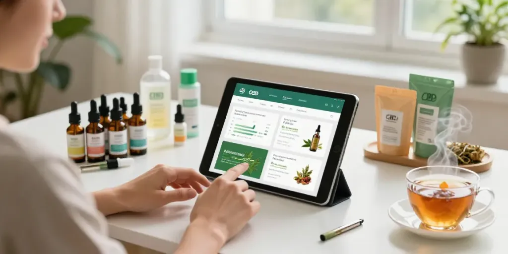 CBD kaufen: Vielfältige Auswahl an CBD-Produkten auf einem Tisch, umgeben von Pflanzen und Tee, einladende Atmosphäre.
