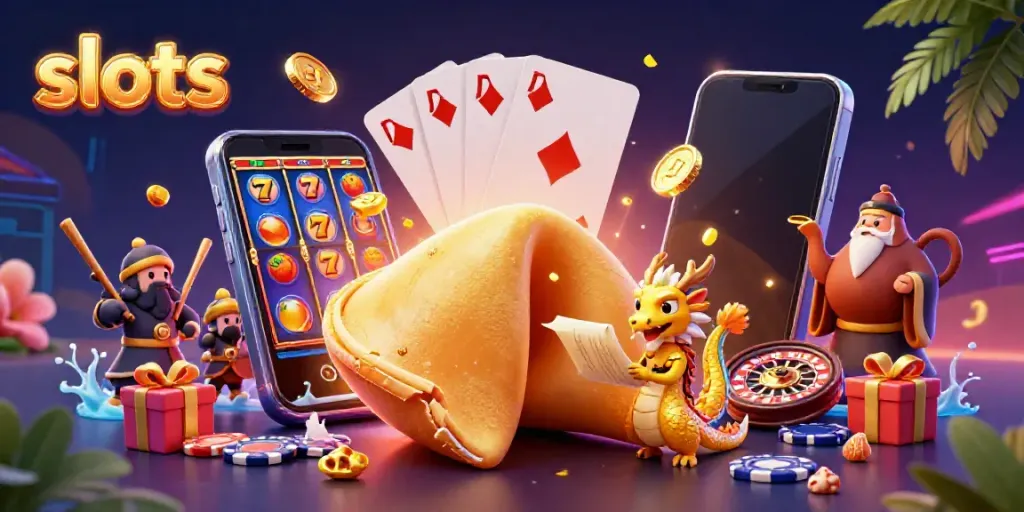 Experience thrilling slots action amidst a vibrant 3D casino illustration featuring a giant golden fortune cookie and dragon.
