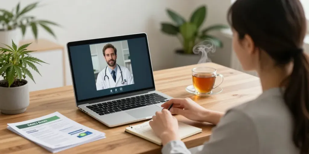 Patient consulting online for MMJ card online in a cozy home office.