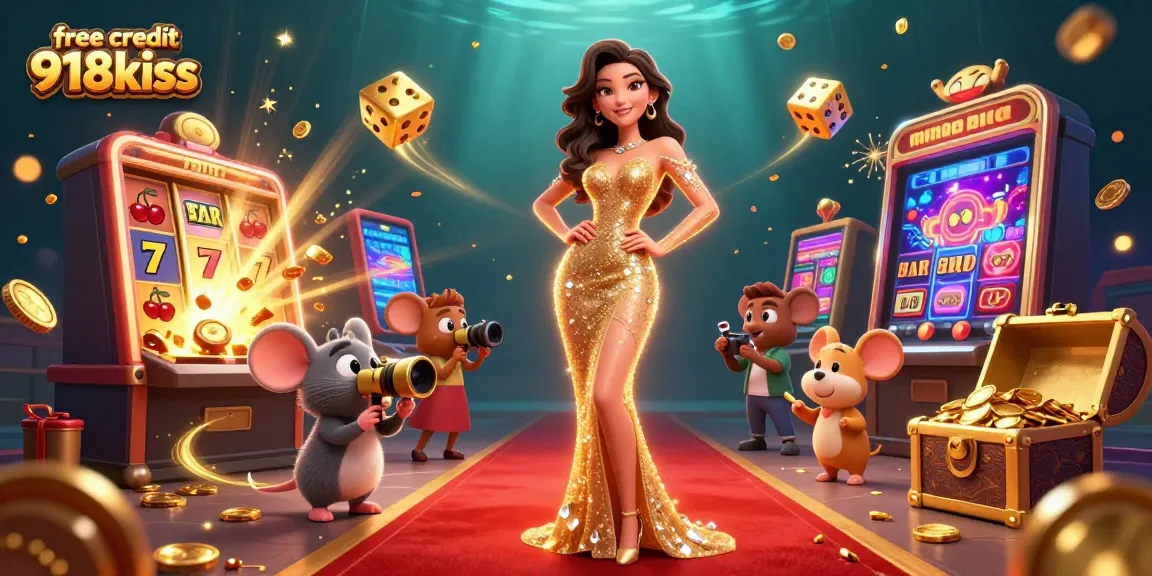 Experience thrilling gameplay with free credit 918kiss as a stunning woman poses on the red carpet amidst a jackpot explosion.