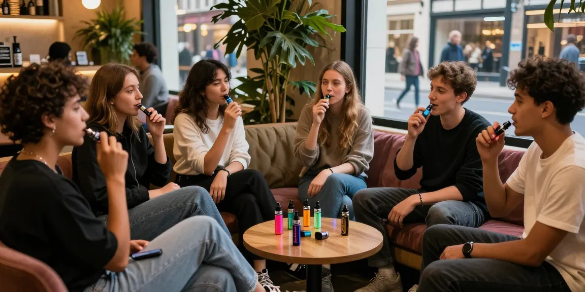 Young adults enjoying thc vape uk in a modern urban lounge.
