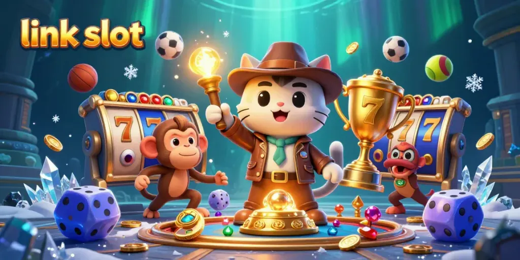 Gali slot link di dunia kasino dengan karakter kucing penjelajah dan monyet yang membawa obor.