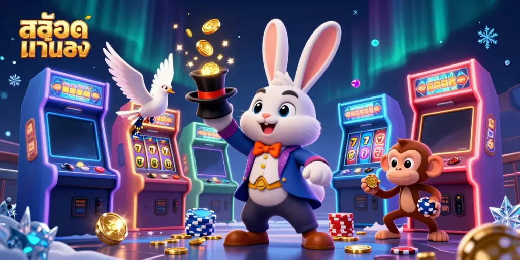 Engage with the สล็อตแท้ตรง scene featuring a magician rabbit, dove, and monkey amidst vibrant casino elements.