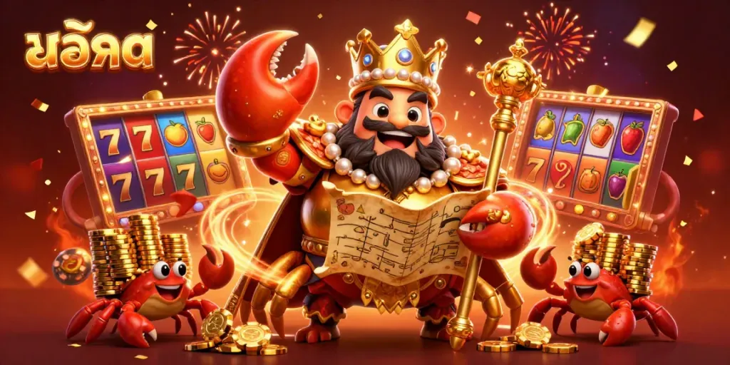 Engaging 3D illustration showcasing the excitement of สล็อต with vibrant slot reels, a golden crab emperor, and festive elements.