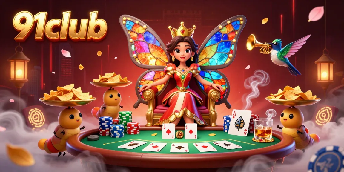 Engage in thrilling gameplay at 91club with vibrant characters surrounded by dynamic poker and casino elements.