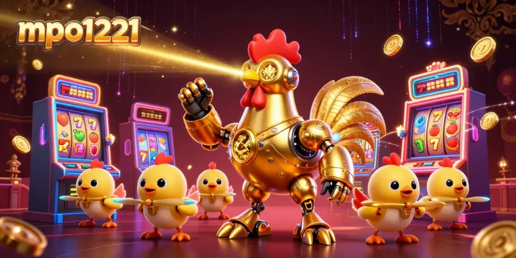 Experience vibrant gaming with mpo1221, featuring a golden rooster robot amid colorful slot machines and exciting game elements.