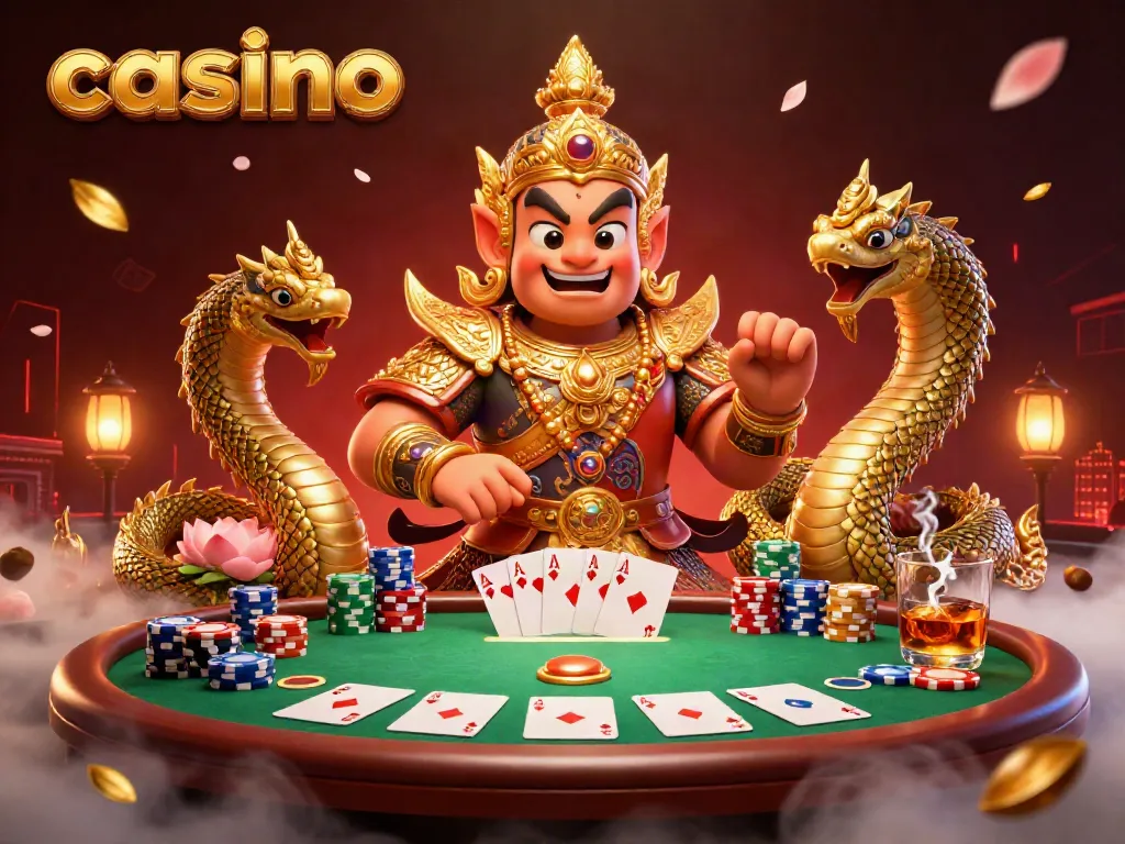 Experience the vibrant action of a casino with a playful temple guardian and dynamic poker elements.