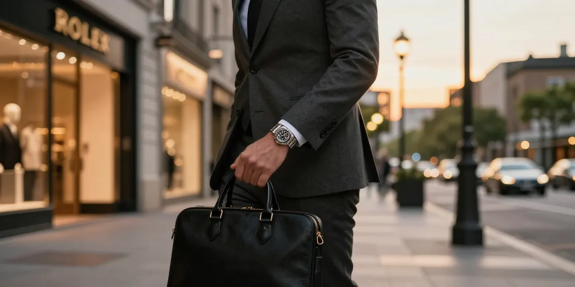 Stylish individual displaying a rolex replica watch in an upscale urban setting.