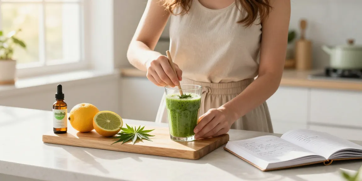 Muha meds CBD oil integrated into a refreshing smoothie, showcasing natural wellness and organic ingredients in a bright kitchen.