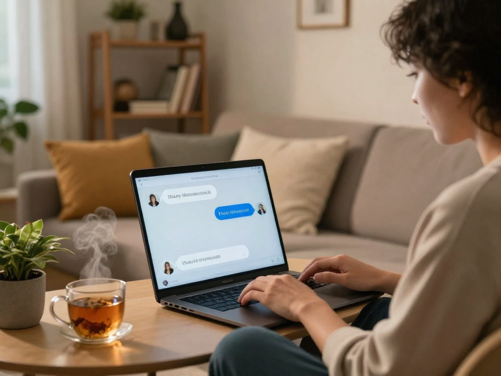 Person engaging in a sex AI chat on a laptop in a cozy living room.