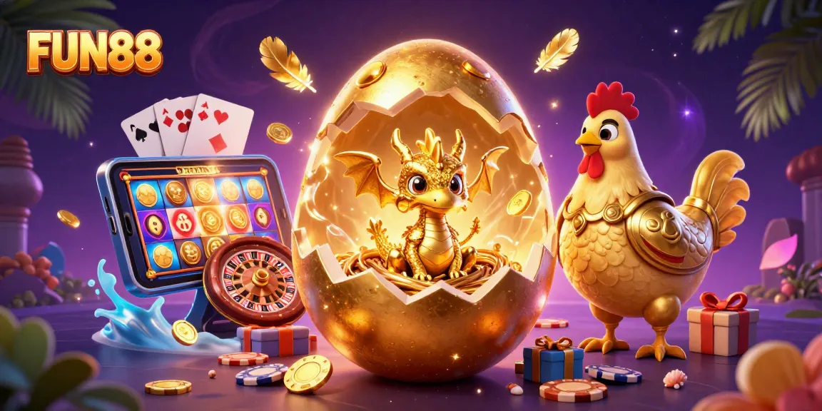 Spin and win at FUN88 with a dazzling golden dragon and poker riches in this vibrant casino scene.