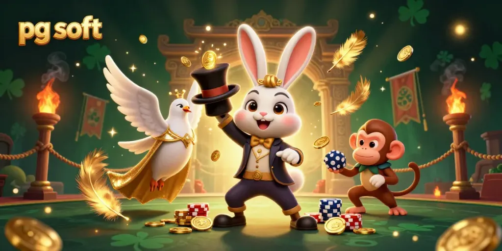 Pegang pembayaran dengan pg soft, kelinci penyihir menarik koin emas dari topi sambil dikelilingi chip poker.