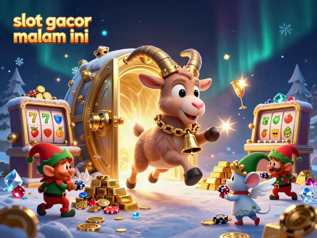 Slot gacor malam ini: ilustrasi kasino dengan karakter kartun dan mesin slot yang penuh harta.