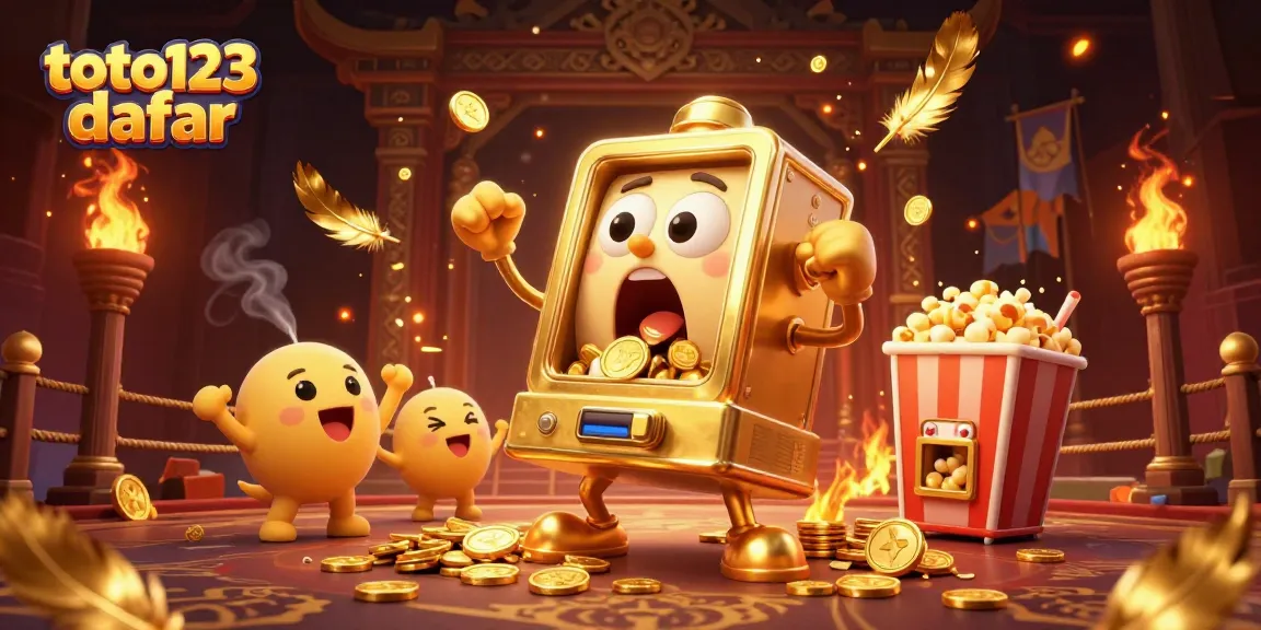 Toto123 daftar features a golden slot machine hitting a jackpot amidst coins and cheering baby slots.