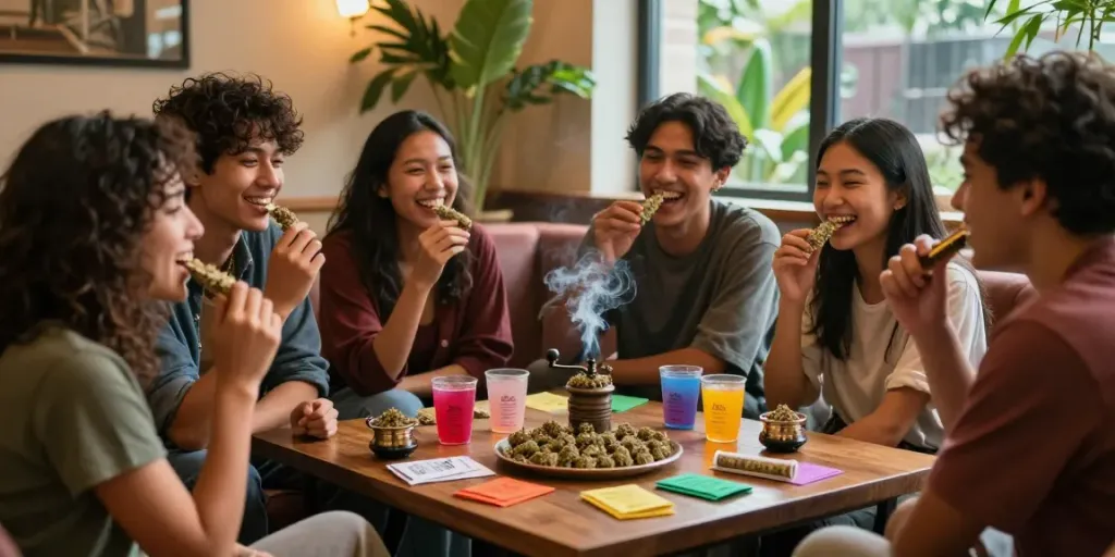 Friends enjoying gold seal hash in a cozy smoke-filled lounge.