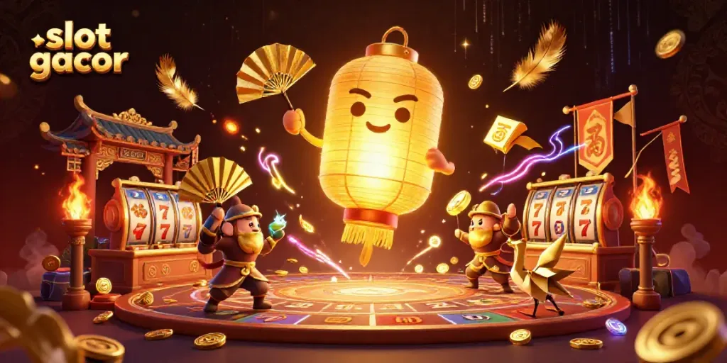 Experience slot gacor magic with a golden lantern spirit surrounded by vibrant casino elements.
