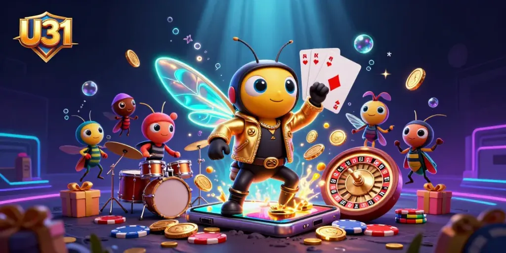 U31 rock star character performing amid vibrant slot game action in a dynamic casino setting.