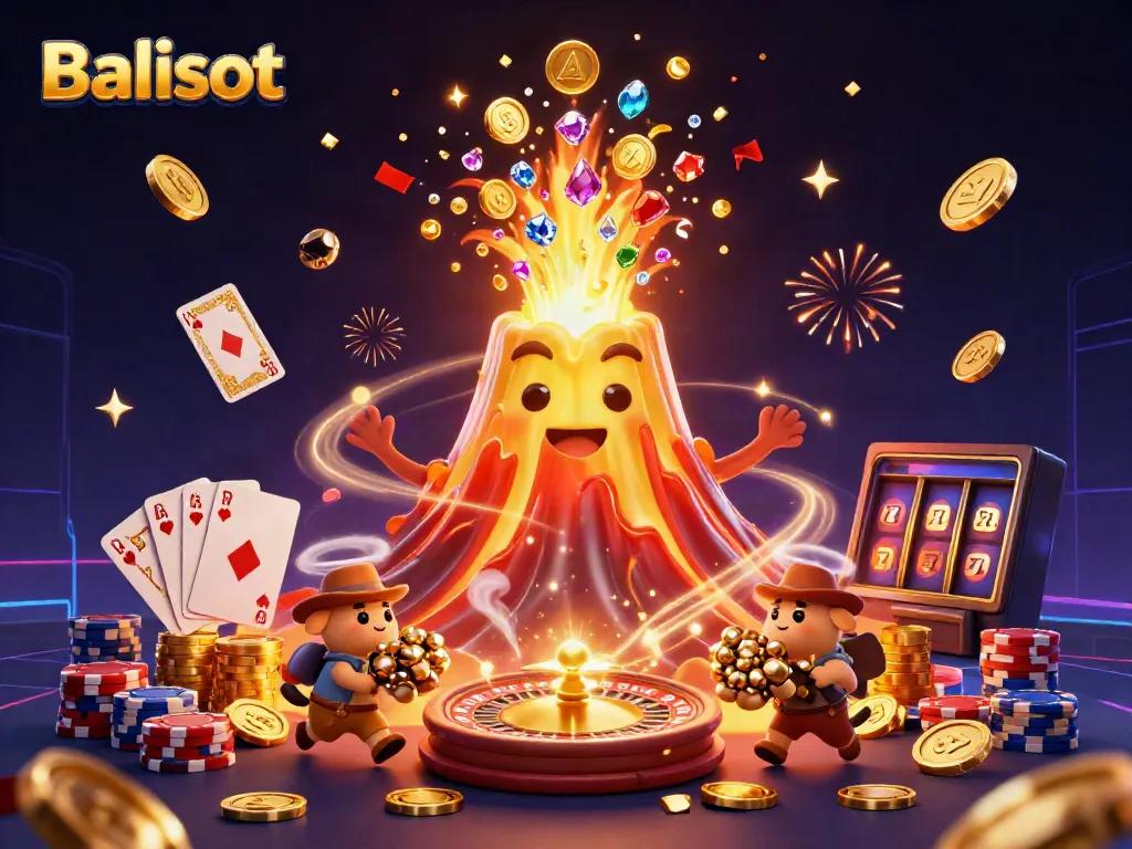Balislot players enjoy a thrilling casino experience with gold coins, vibrant poker chips, and a spinning roulette wheel.