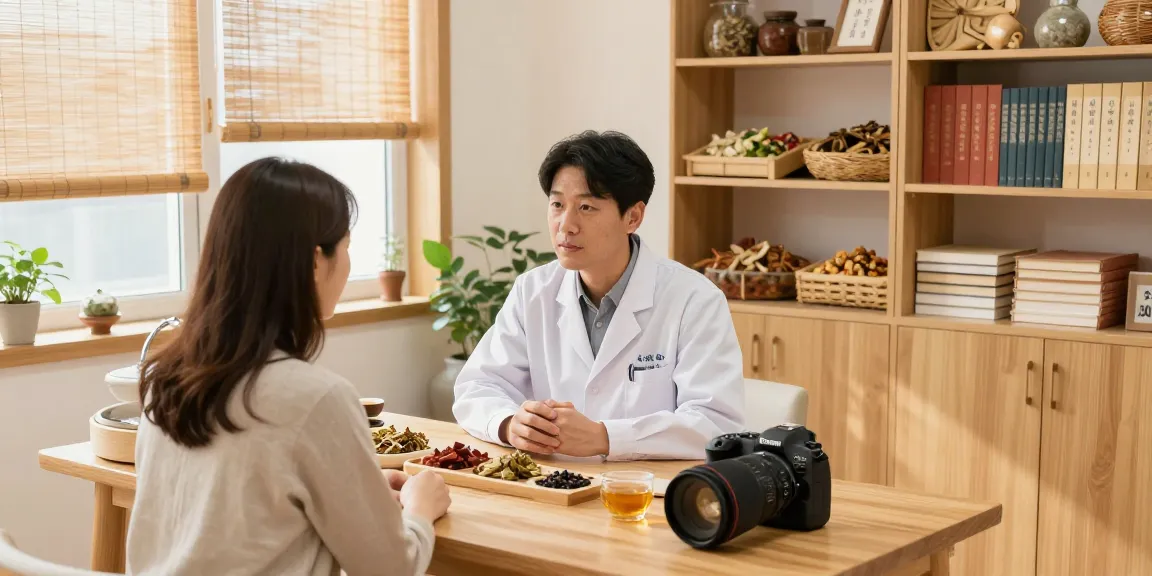 Consultation at 수원한의원 with herbalist discussing personalized treatments in a calming environment.