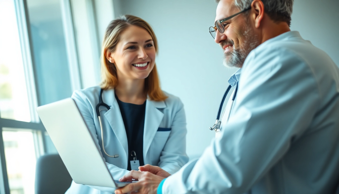 Get your Medical card online with a friendly doctor assisting a patient in a modern clinic.