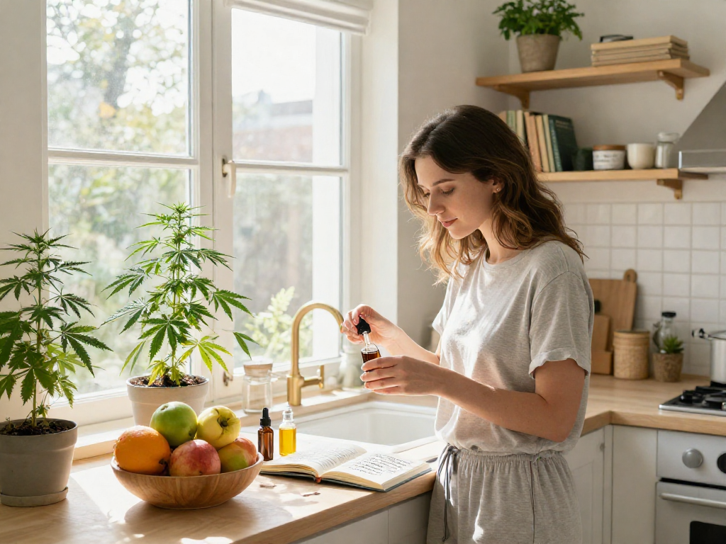 Online dispensary delivery featuring CBD oil tincture and fresh hemp extract in a bright kitchen, emphasizing quality natural wellness.