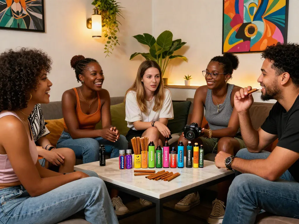 Friends enjoying Packwoods products in a cozy cannabis lounge, discovering does Packwoods have THC.