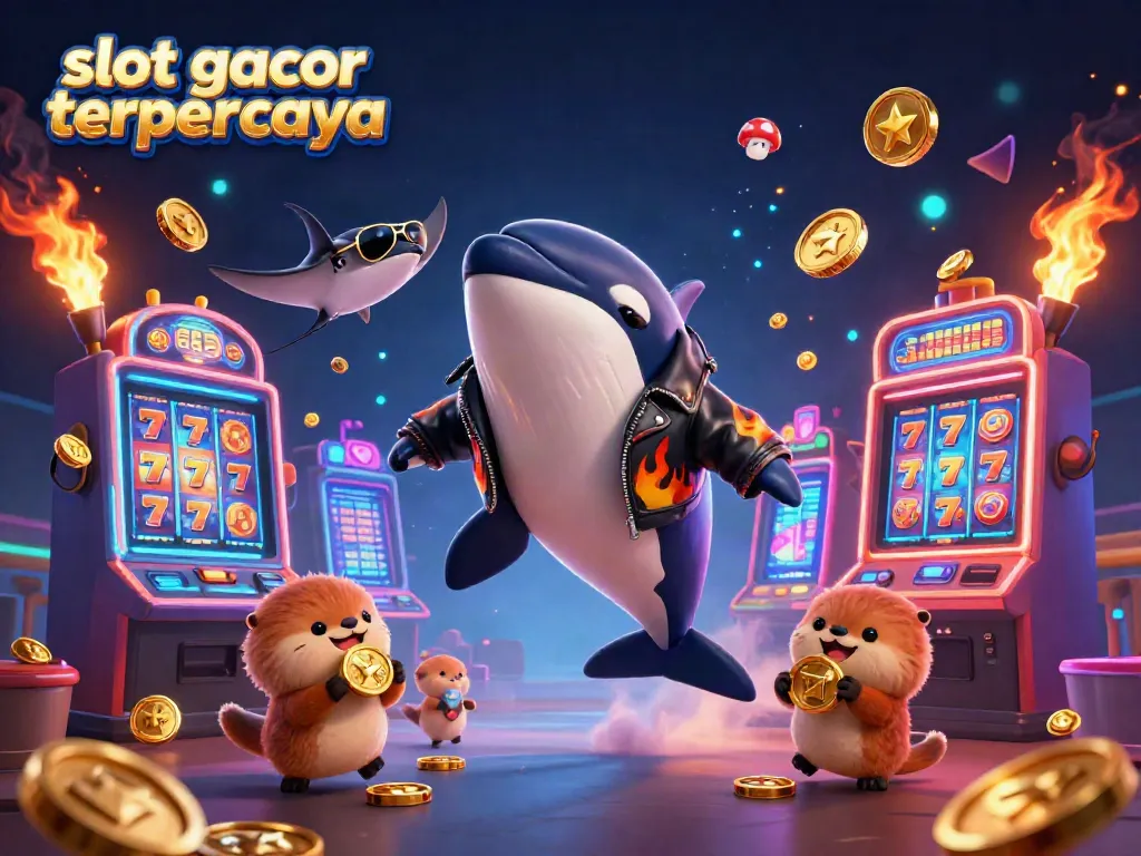 Menghadirkan slot gacor terpercaya dalam ilustrasi 3D dengan karakter orca, stingray, dan berang-berang yang memegang koin emas.