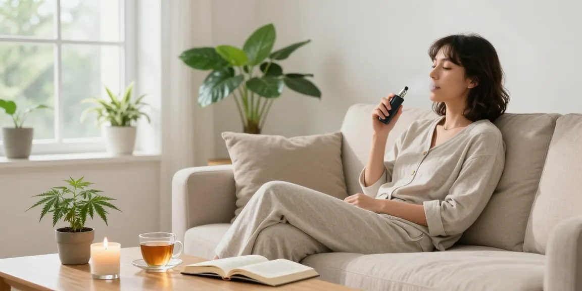 Enjoying a cannabis vape in a serene wellness setting with natural elements, promoting relaxation.