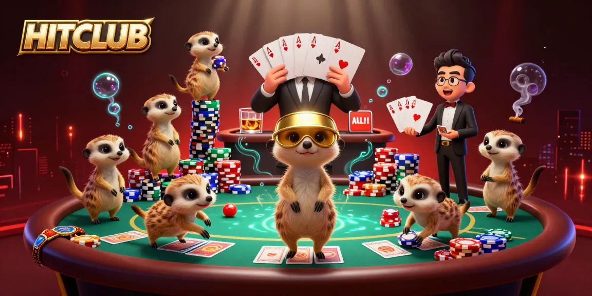 Experience the excitement of HITCLUB with meerkats managing a lively casino scene filled with vibrant poker elements.