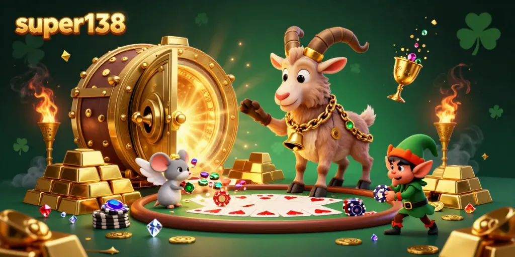 Engage with super138 casino's vibrant 3D scene filled with excitement, treasures, and characters in a mesmerizing setting.
