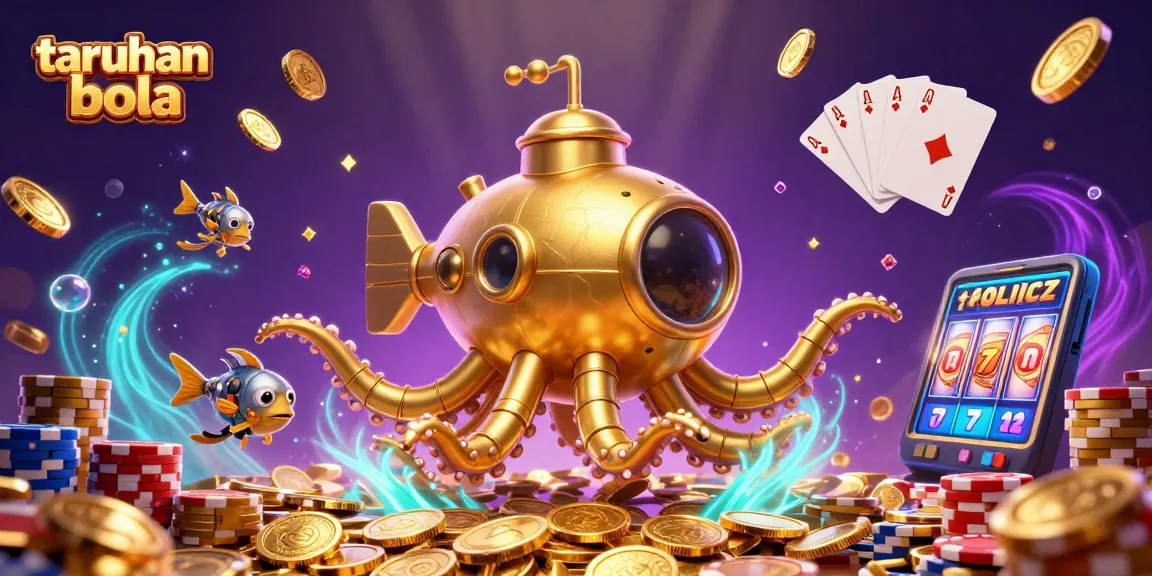 Engage in taruhan bola with a vibrant underwater scene featuring a golden kraken and casino elements.