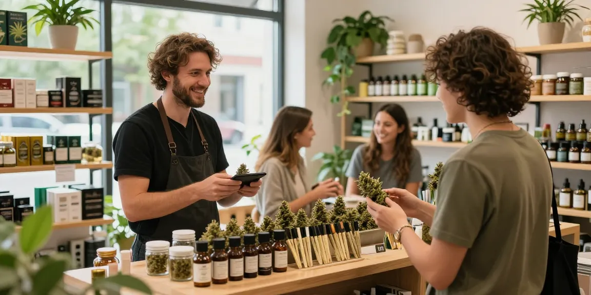 Order Weed Strains Online Europe with friendly budtender in a vibrant cannabis shop.