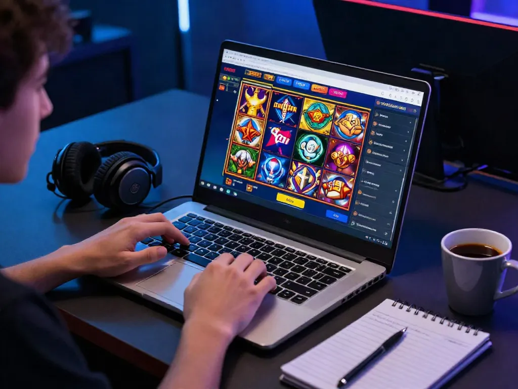 Player engaging with slot gacor games on a laptop, vibrant atmosphere and gaming accessories.