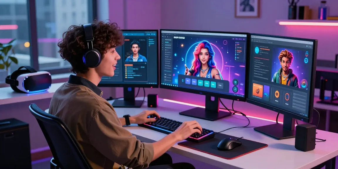 Interactive user customizing their NSFW AI companion with vibrant tech gadgets in a modern workspace.