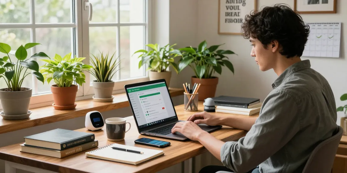 Professional using WhatsApp電腦版 in a modern home office setting with plants and natural light.