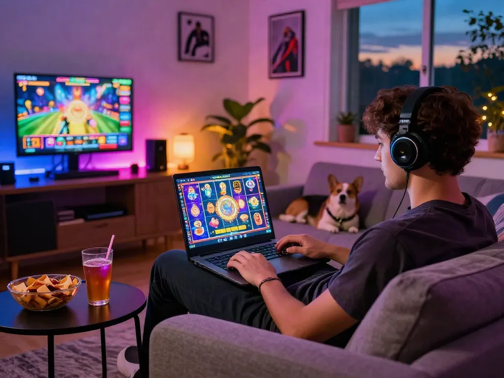 Exciting slot online gaming experience in a cozy living room.